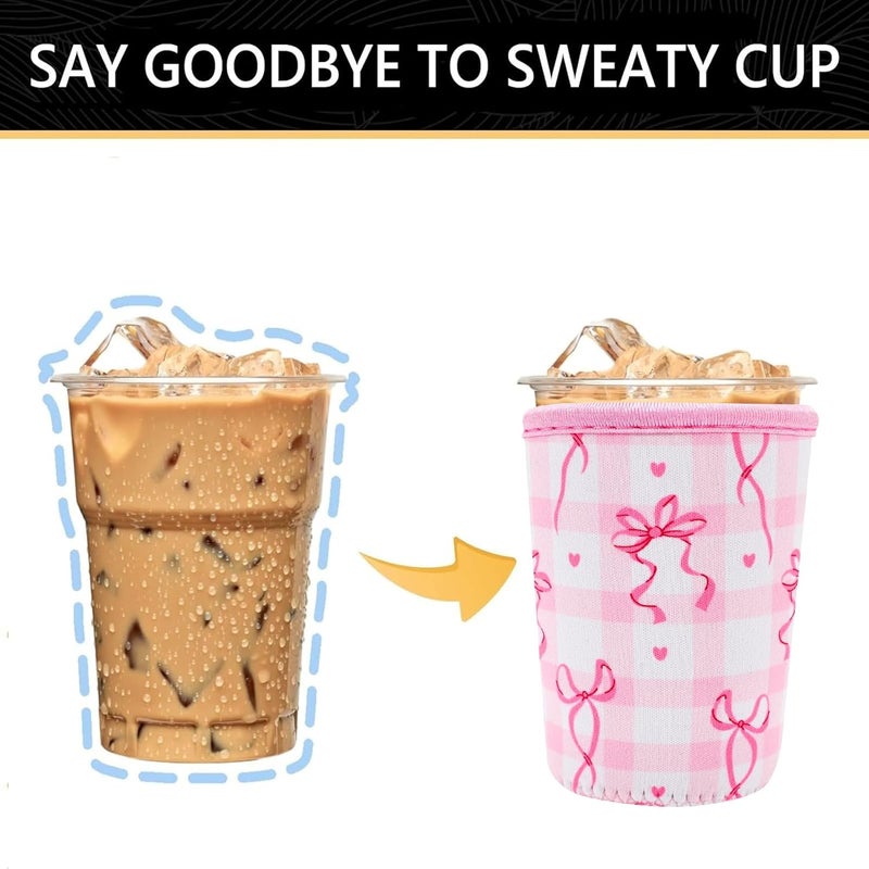 YR Reusable Neoprene Insulator Sleeve for Iced Coffee Cups, 3 Pack Coffee Coolies sleeves for Iced & Hot Drinks, Cold Beverage Cooler Compatible with Starbucks Coffee and More (Cute Bows) - Image 4